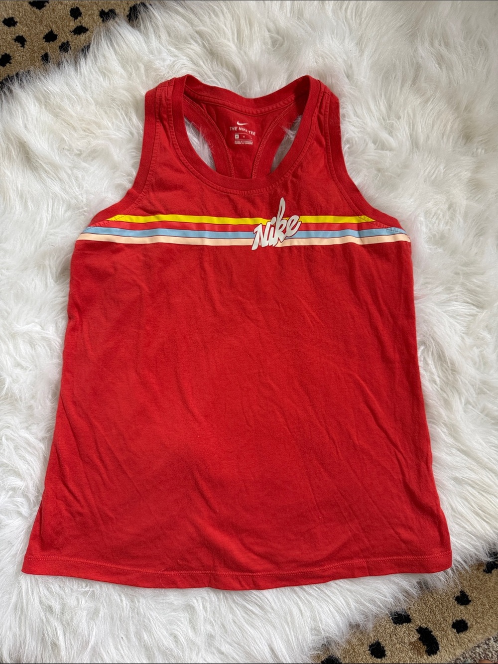 Nike Women’s Red Racerback Tank with Yellow and Blue Stripe